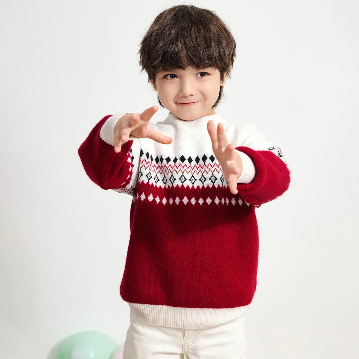 100% Wool Kids Mock Neck Jacquard Sweater