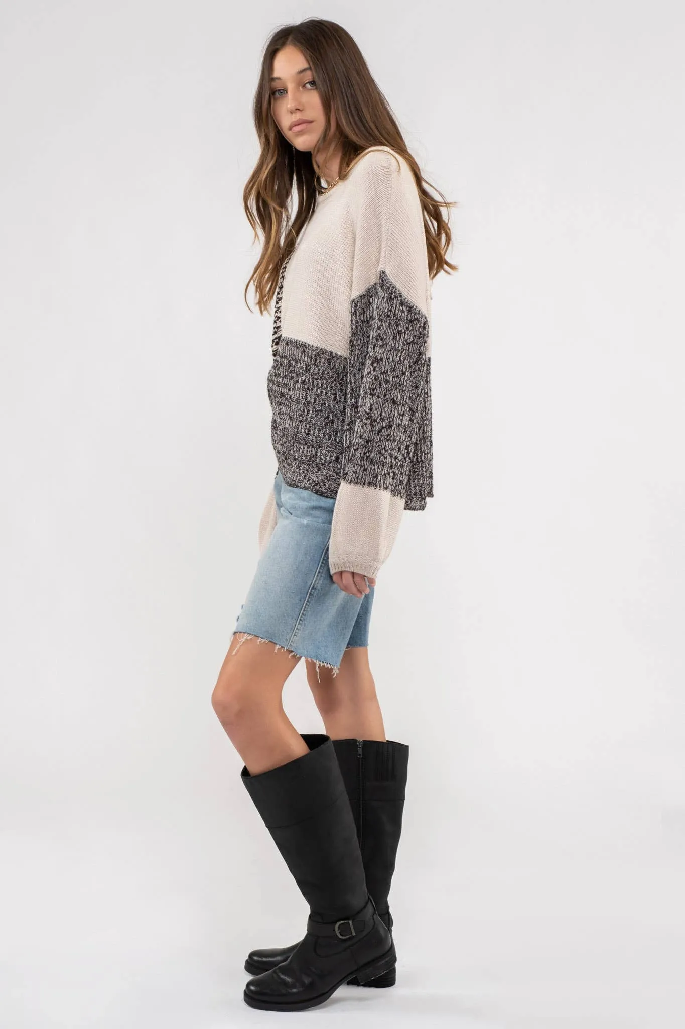 BACK TIE COLORBLOCK KNIT SWEATER