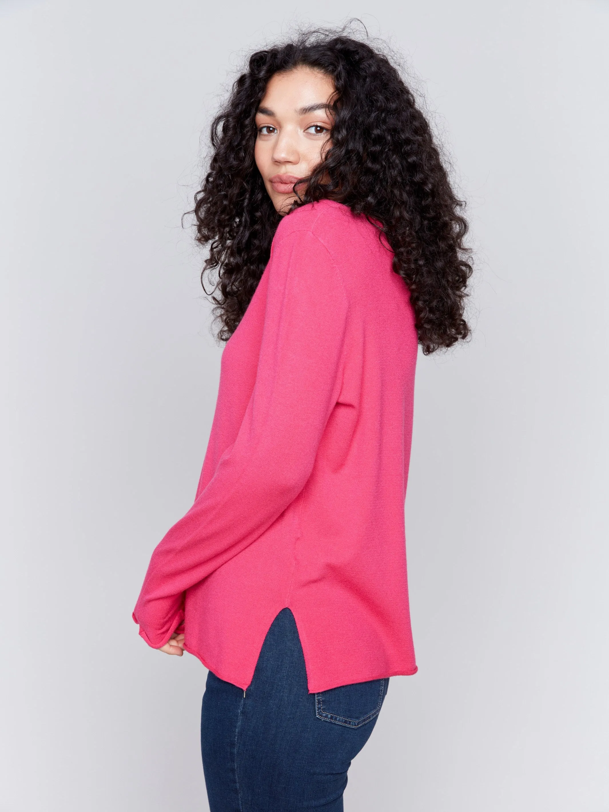 Basic V-Neck Sweater - Magenta