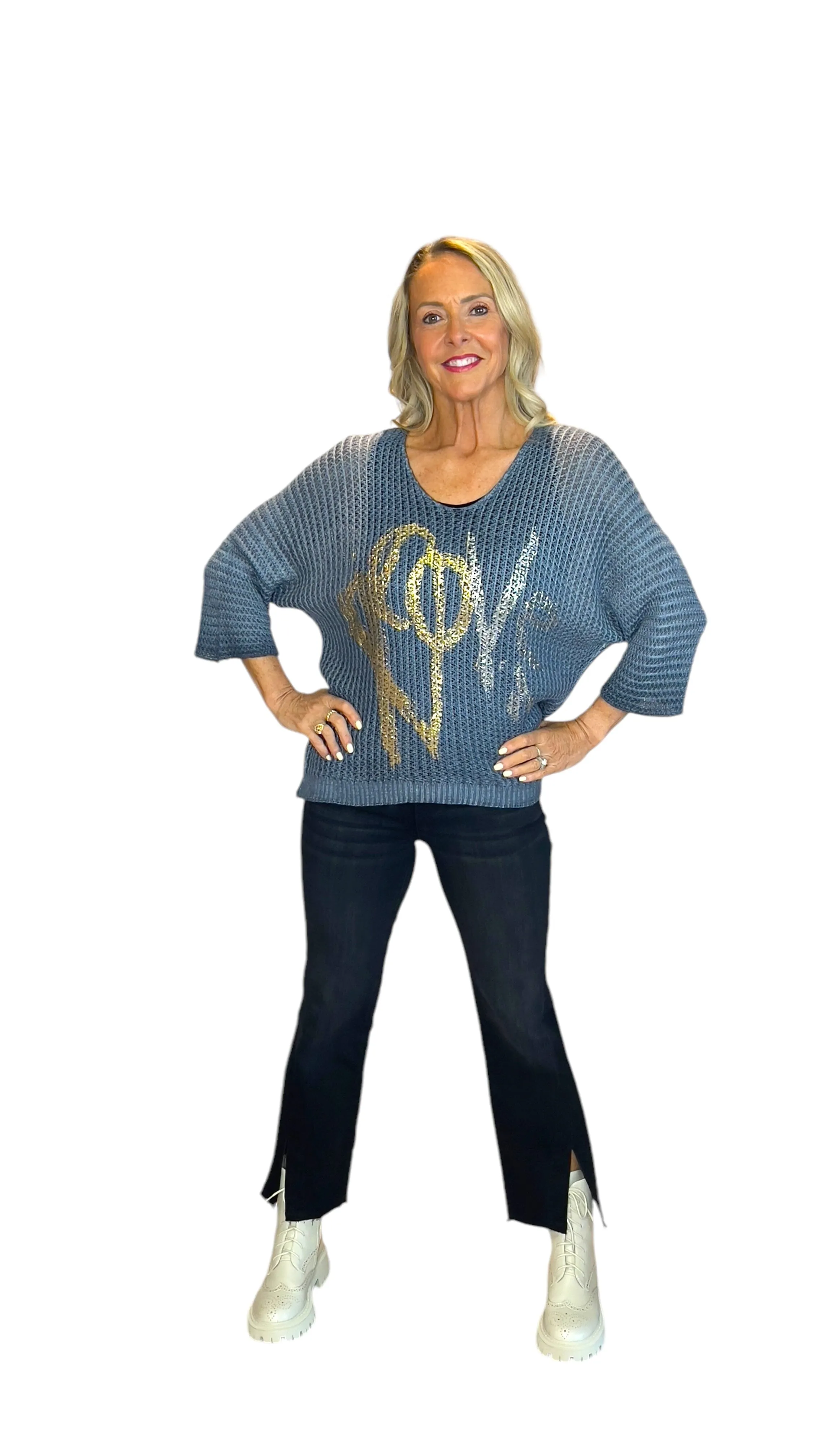 BLUE METALLIC HEART LEOPARD LOOSE OPEN KNIT SWEATER