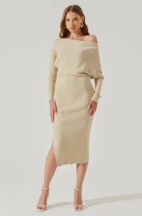 Caris Ribbed Off Shoulder Midi Sweater Dress