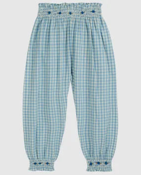 Emile Girls' Blue Checkered Cotton Trousers with Embroidery