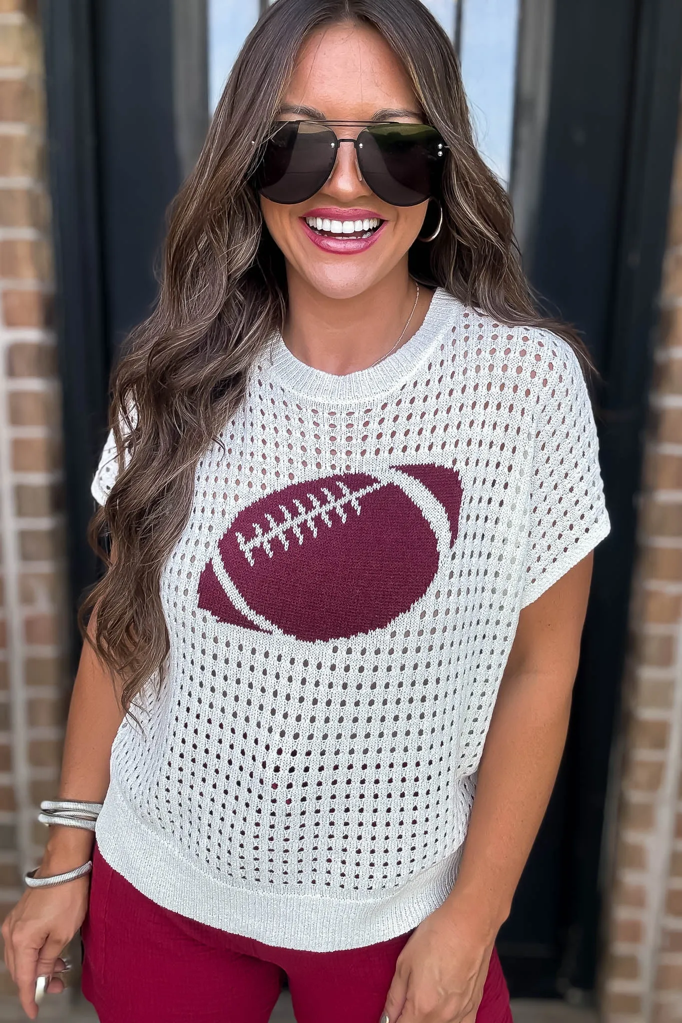 Fuzzy Football Open Stitched Sweater Top