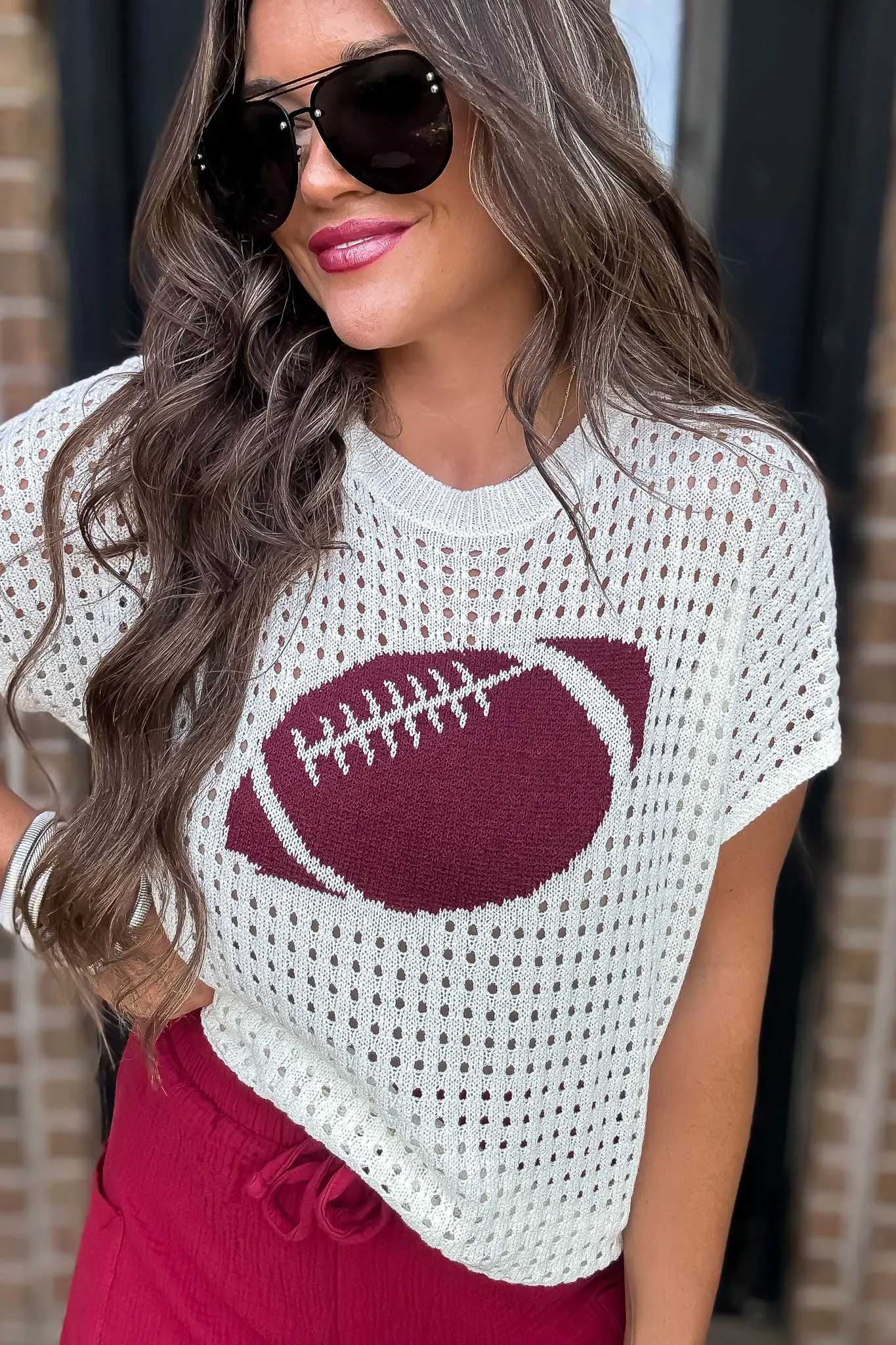 Fuzzy Football Open Stitched Sweater Top