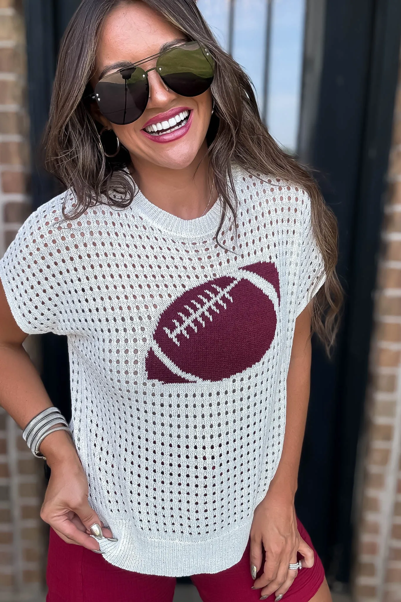 Fuzzy Football Open Stitched Sweater Top