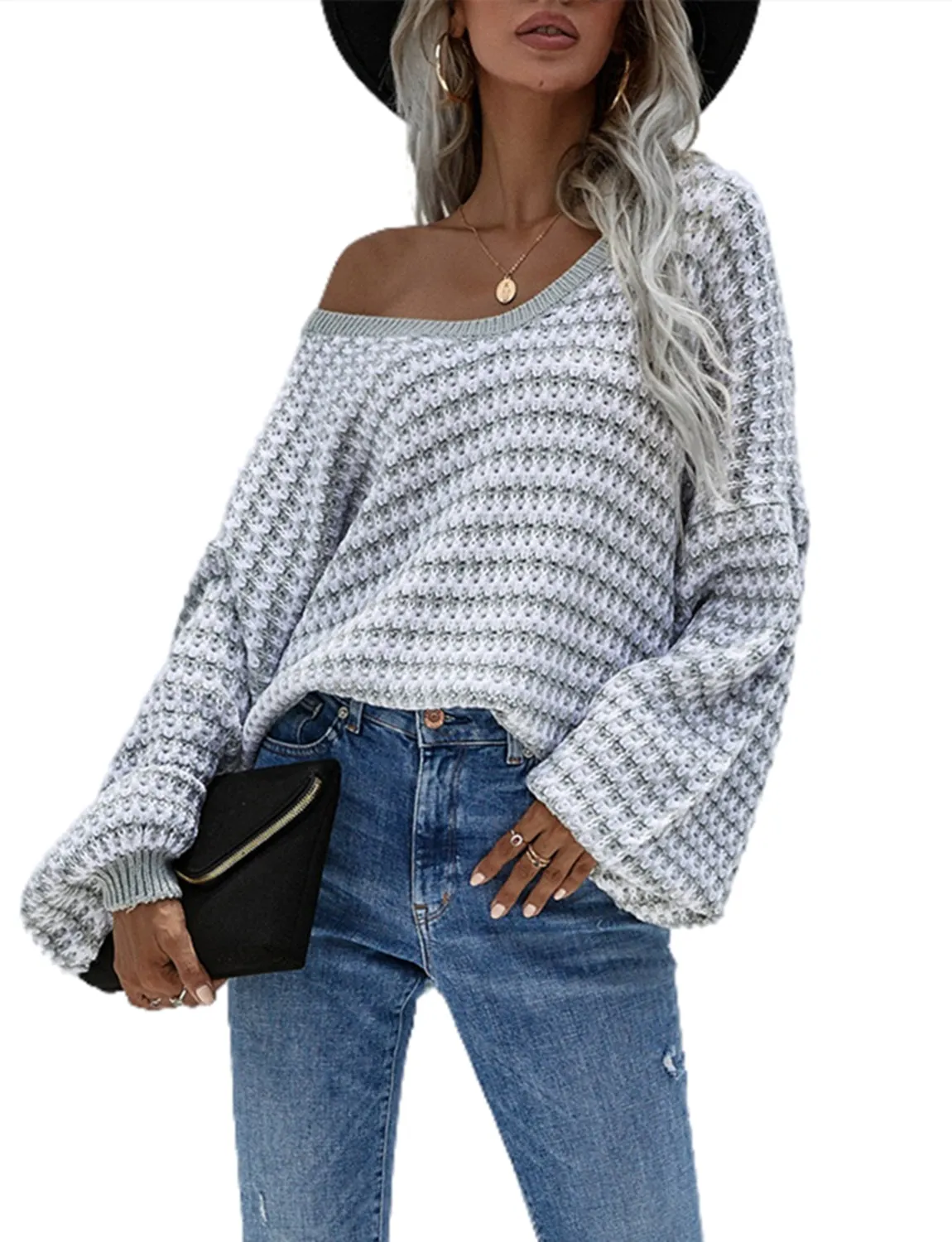 iB-iP Women's Dropped Shoulder Loose Casual Long Sleeve Pullover Sweater Cozy Top