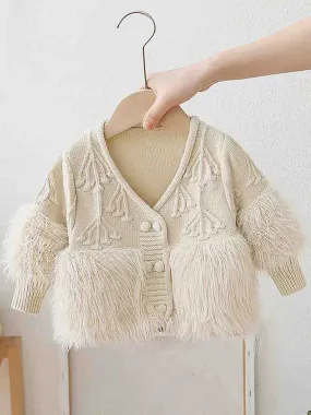 Little Surprise Box Cream Furry Knitted cardigan Sweater for Kids