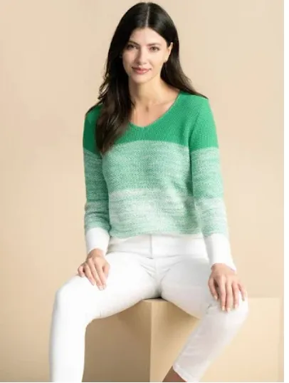 Marble 6563 V-Neck Block Design Green And White knitted Jumper