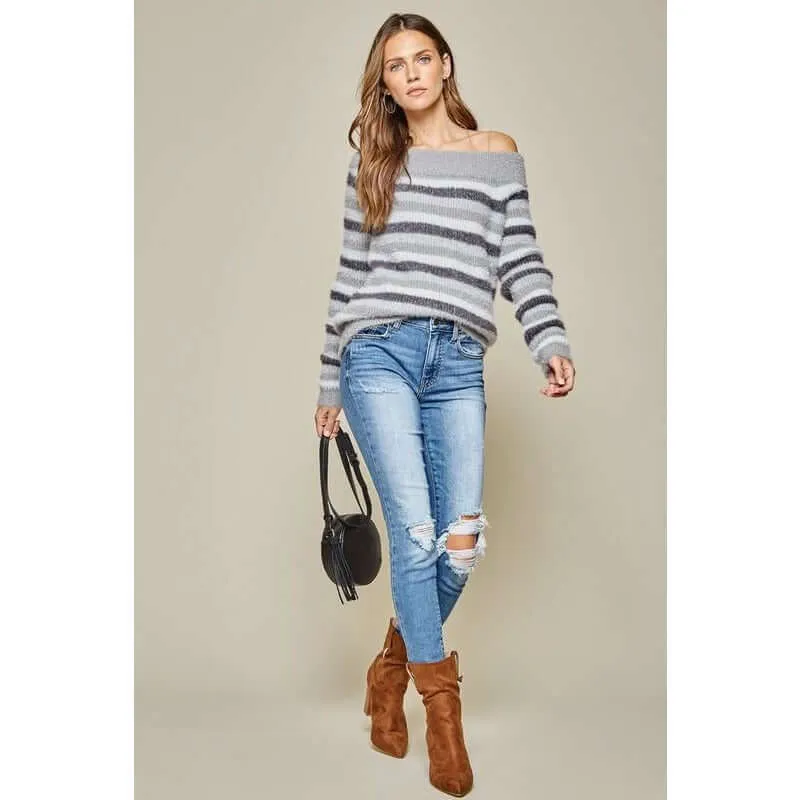 Off the Shoulder Striped Colorblock Sweater