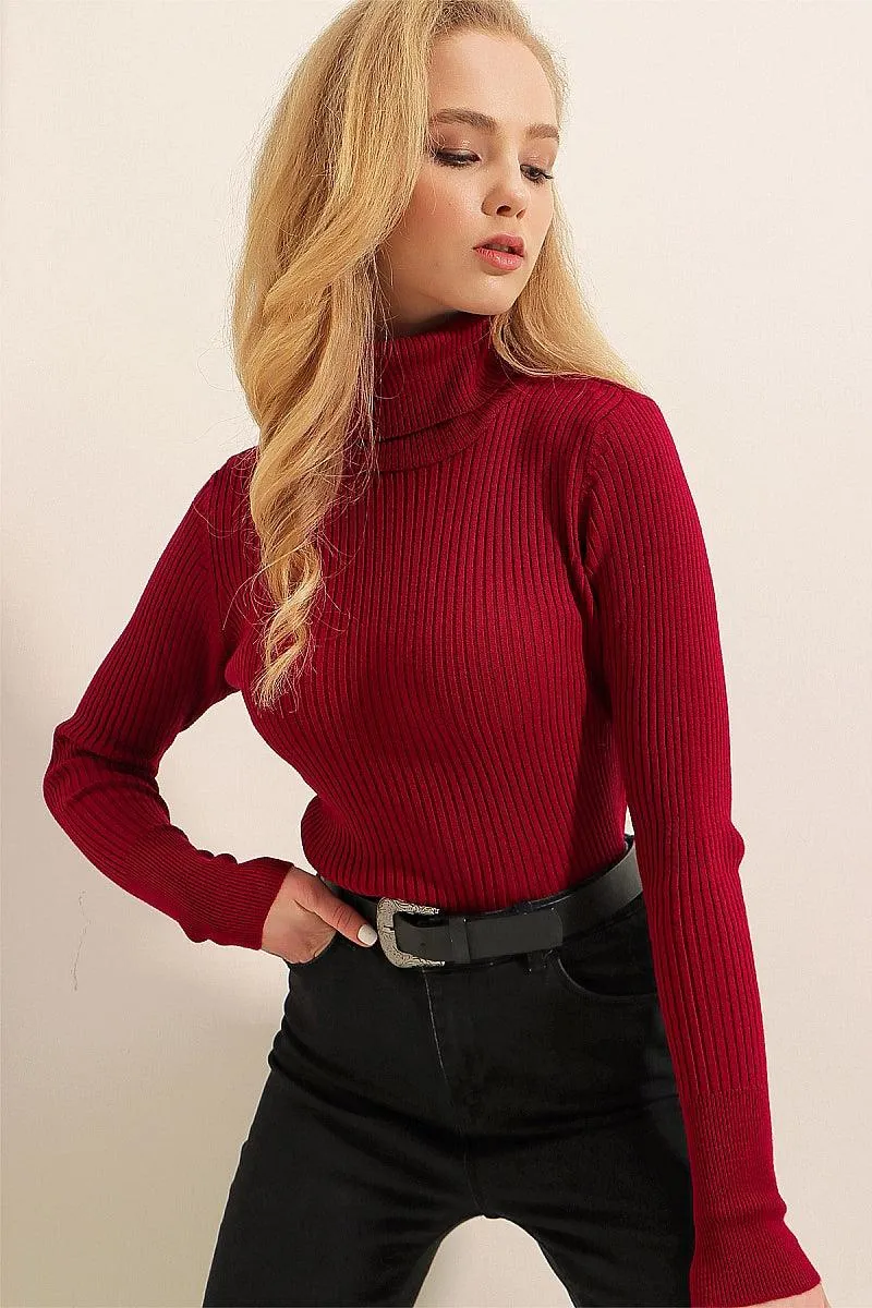 Red Turtleneck Knitwear Sweater for Women