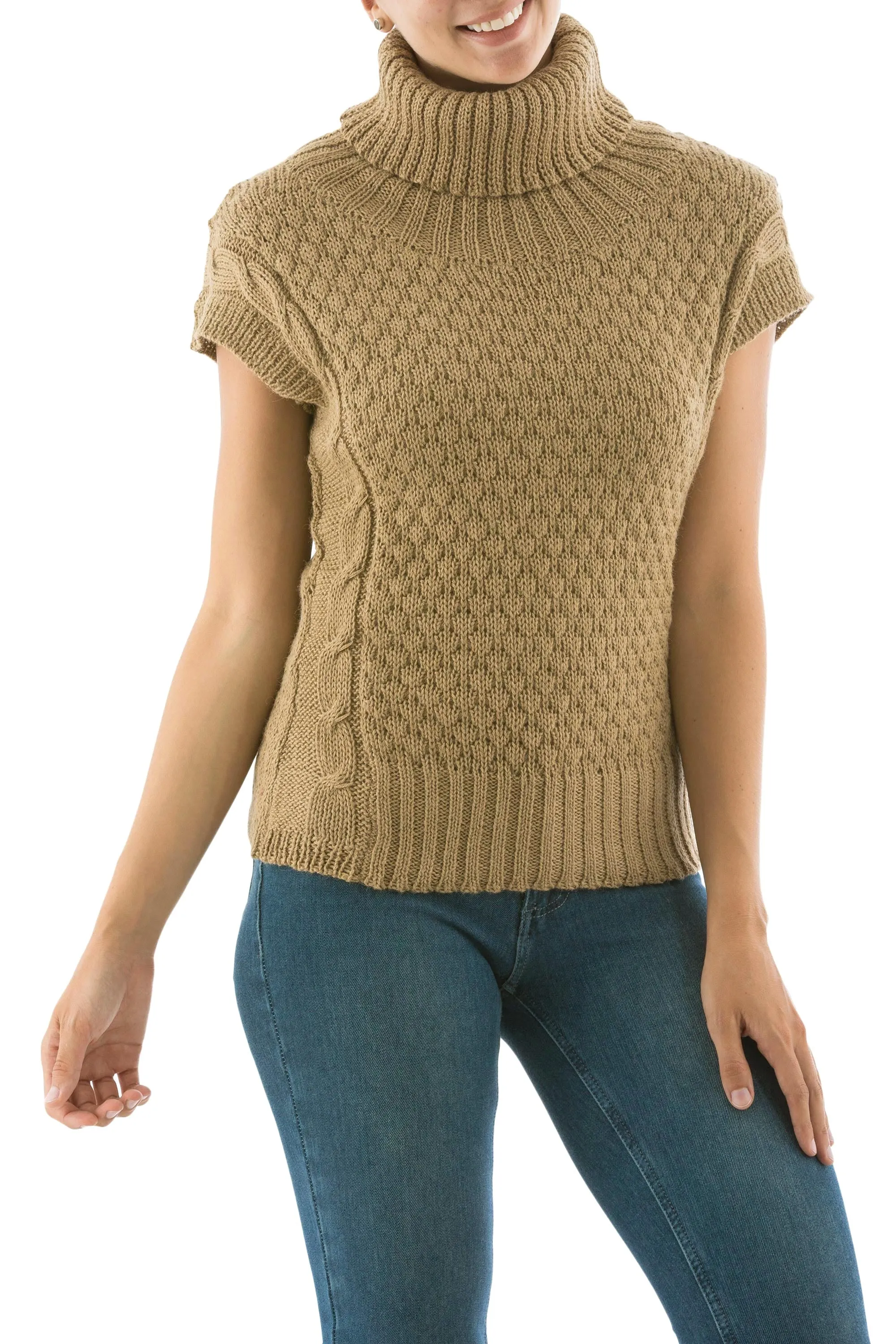 Sand Beige Alpaca Blend Turtleneck Sweater - Icas Coquette | NOVICA