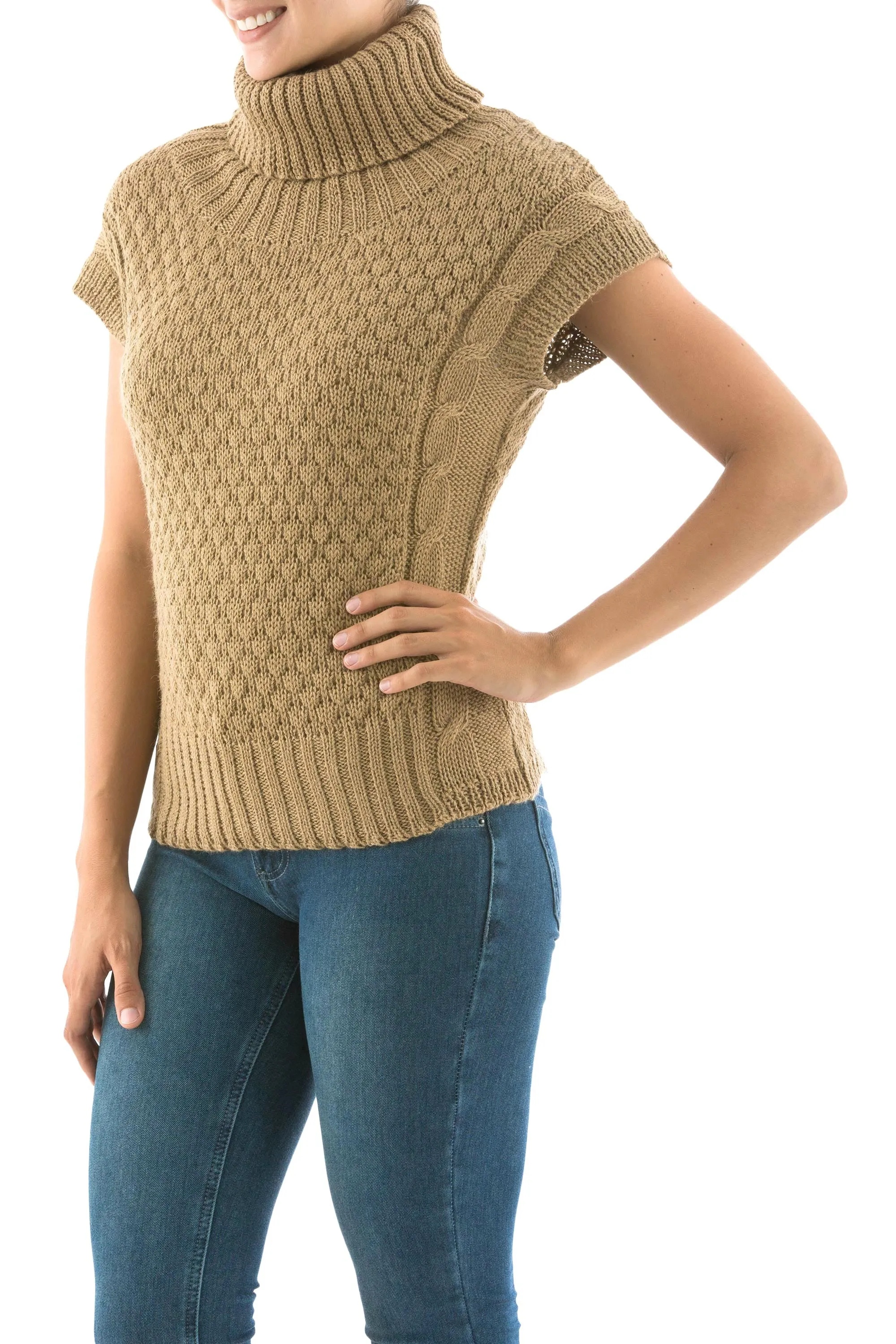 Sand Beige Alpaca Blend Turtleneck Sweater - Icas Coquette | NOVICA