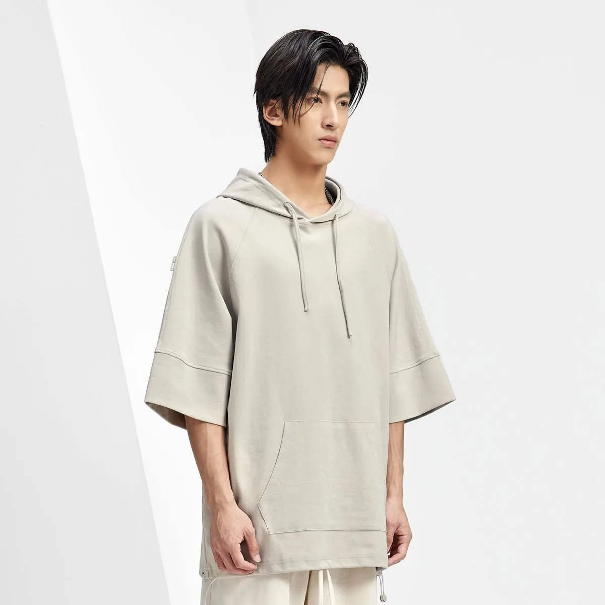 Short-sleeve Relaxed Fit Kangaroo Pocket Khaki Hooded Sweater