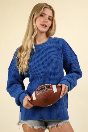 Waffle-Knit Exposed Seam Round Neck Sweater