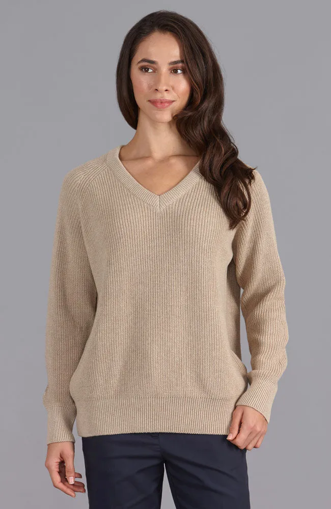 Womens Cotton Ribbed V Neck Jumper